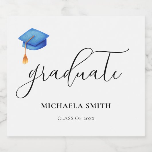 Modernes Blue Graduate-Cap-Script-Graduate Schaumweinetikett (Einzelnes Label)