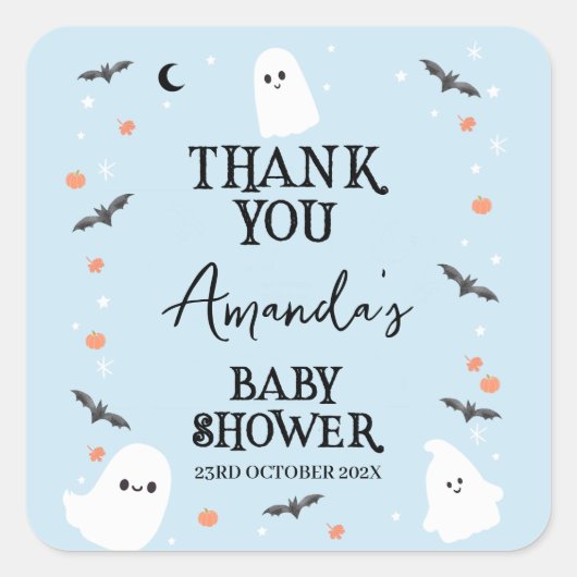 Modernes Blue Halloween Little Boo Baby Dusche Quadratischer Aufkleber (Vorderseite)