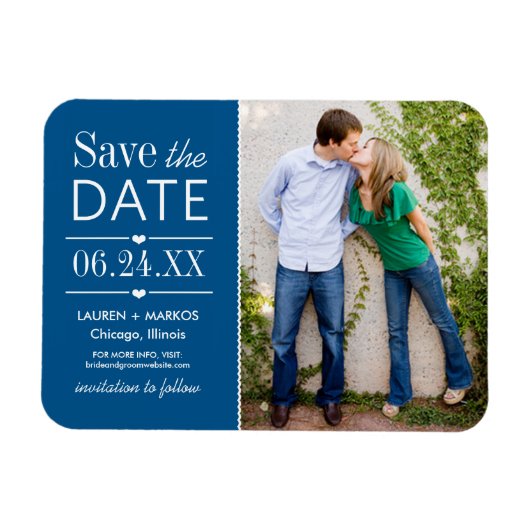 Modernes Blue Hearts Wedding Foto Save the Date Magnet (Horizontal)