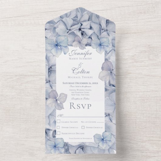 Modernes Blue Hydrangea Blooms Dinner All In One Einladung (Innen Boden)