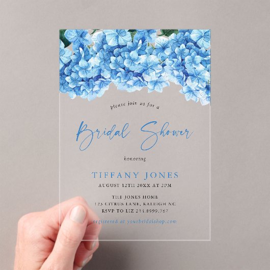 Modernes Blue Hydrangea Floral Brautparty Acryleinladungen (Insitu (Handheld))