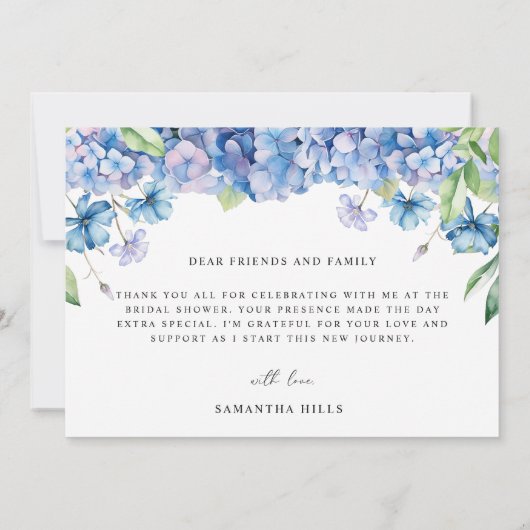 Modernes Blue Hydrangea Floral Brautparty Dankeskarte (Rückseite)