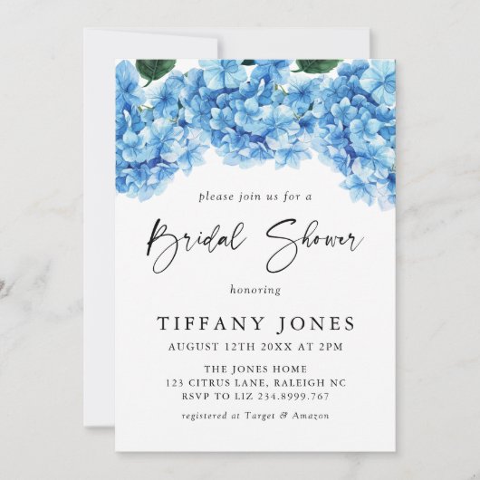 Modernes Blue Hydrangea Floral Brautparty Einladung (Vorderseite)