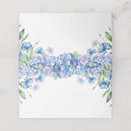 Modernes Blue Hydrangea Floral Brautparty Platzkarte (Außenseite Aufgefaltet)