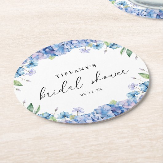 Modernes Blue Hydrangea Floral Brautparty Runder Pappuntersetzer (Angewinkelt)