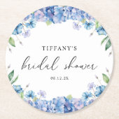 Modernes Blue Hydrangea Floral Brautparty Runder Pappuntersetzer (Vorderseite)