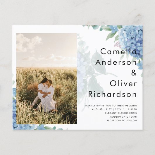 Modernes Blue Hydrangea FOTO Hochzeit Einladung (Vorderseite)