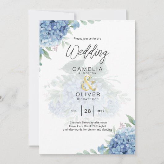Modernes Blue Hydrangea FOTO Hochzeit Einladung (Vorderseite)