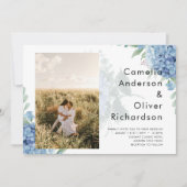 Modernes Blue Hydrangea FOTO Hochzeit Einladung (Vorderseite)