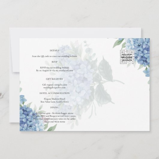 Modernes Blue Hydrangea FOTO Hochzeit Einladung (Rückseite)