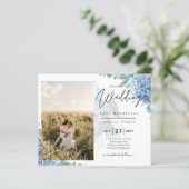 Modernes Blue Hydrangea FOTO Hochzeit Einladung (Stehend Vorderseite)