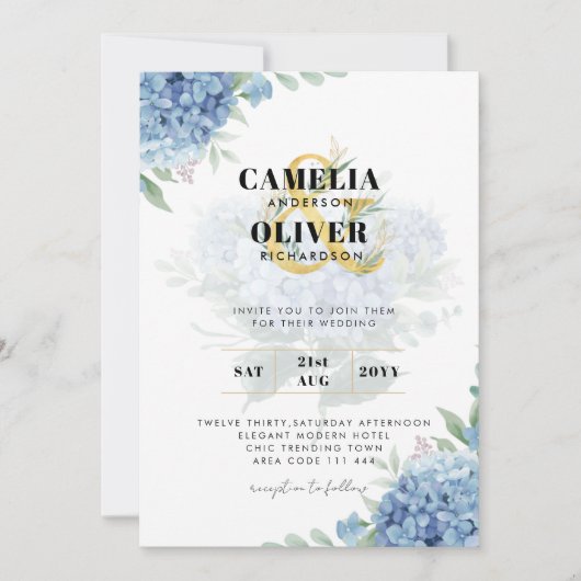 Modernes Blue Hydrangea FOTO Hochzeit Einladung (Vorderseite)