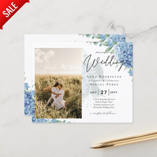Modernes Blue Hydrangea FOTO Hochzeit Einladung