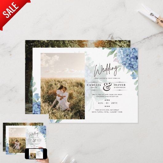 Modernes Blue Hydrangea FOTO Hochzeit Einladung