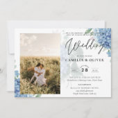 Modernes Blue Hydrangea FOTO Hochzeit Einladung (Vorderseite)