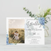 Modernes Blue Hydrangea FOTO Hochzeit Einladung (Stehend Vorderseite)