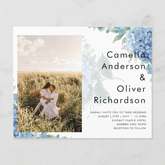 Modernes Blue Hydrangea FOTO Hochzeit Einladung Flyer (Vorne)