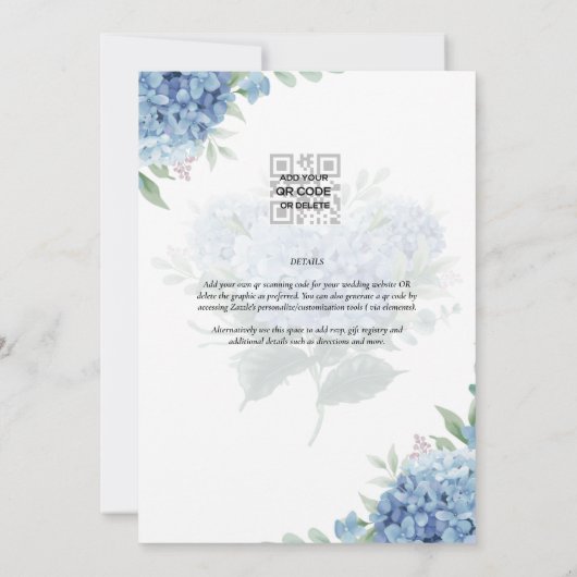Modernes Blue Hydrangea Hochzeiteinladung QR Code Einladung (Rückseite)