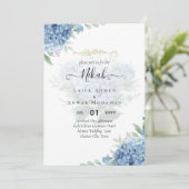 Modernes Blue Hydrangea Hochzeiteinladung QR Code Einladung (Stehend Vorderseite)