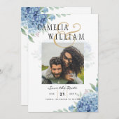 Modernes Blue Hydrangea Hochzeiteinladung QR Code Einladung (Vorne/Hinten)