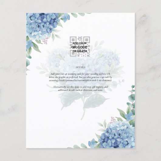 Modernes Blue Hydrangea Hochzeiteinladung QR Code Flyer (Hinten)