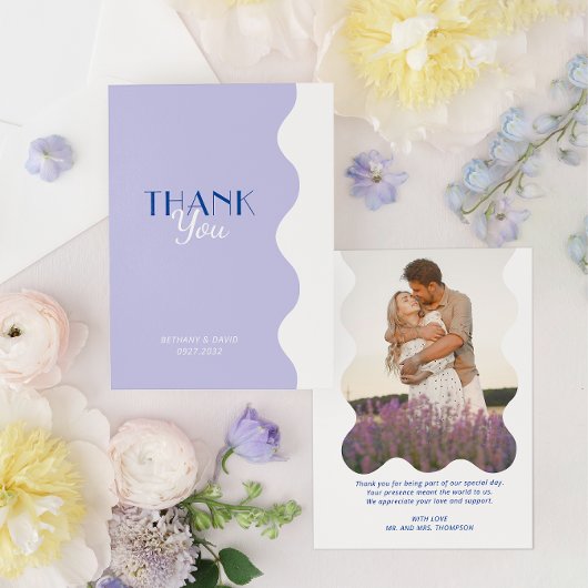 Modernes Blue Lavender Wave Border Foto Wedding Dankeskarte