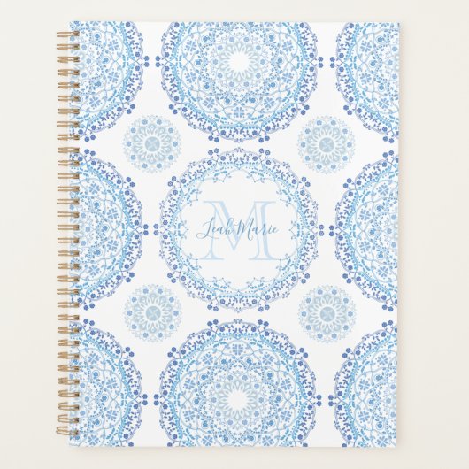Modernes Blue Mandala Mit Monogramm Chic Planer (Vorderseite)