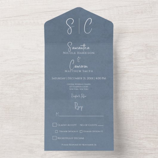 Modernes Blue Minimal Monogram Dinner All In One Einladung (Innen Boden)