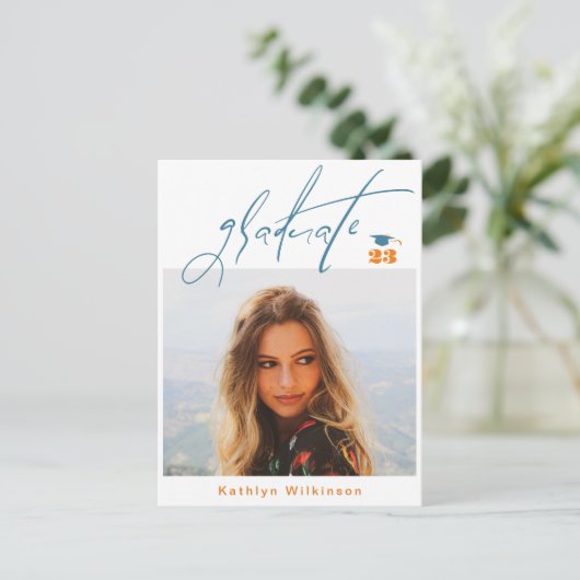 Modernes Blue Orange Script Minimalistisch Foto GR Ankündigungspostkarte (Stehend Vorderseite)