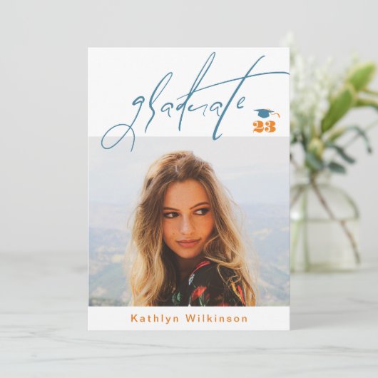 Modernes Blue Orange Script Minimalistisch Foto GR Einladung (Stehend Vorderseite)