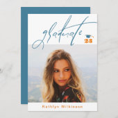 Modernes Blue Orange Script Minimalistisch Foto GR Einladung (Vorne/Hinten)