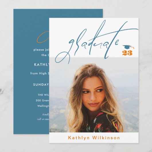 Modernes Blue Orange Script Minimalistisch Foto GR Einladung (Vorne/Hinten)