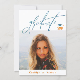 Modernes Blue Orange Script Minimalistisch Foto GR Einladung