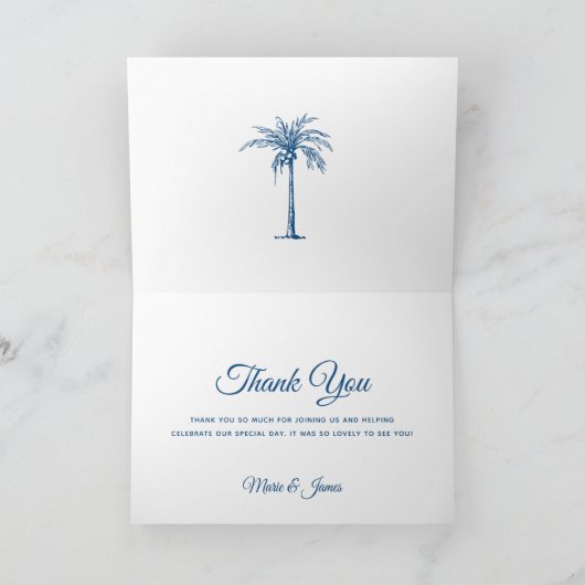 Modernes Blue Palm Beach Wedding Foto Dankeskarte (Innenseite)