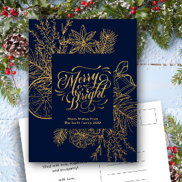 Modernes Blue Pine Bough Floral Gold Script Feiertagspostkarte
