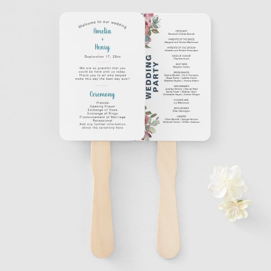 Modernes Blue & Pink Floral Wedding Programm Fächer (Vorne und Hinten)