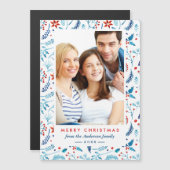 Modernes Blue Red Berries Muster Weihnachtsfest Fo Magnetkarte (Vorne/Hinten)