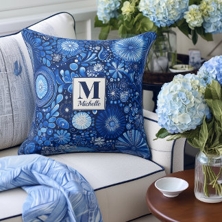 Modernes Blue Shibori Monogram Accent Pillow Kissen
