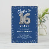 Modernes Blue Silver zum 16. Geburtstag Einladung (Stehend Vorderseite)