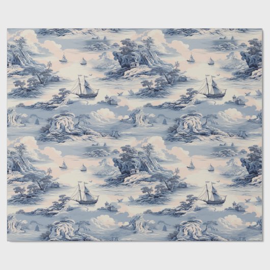 Modernes Blue Stom Ocean Toile de Jouy Pattern Geschenkpapier (Flach)
