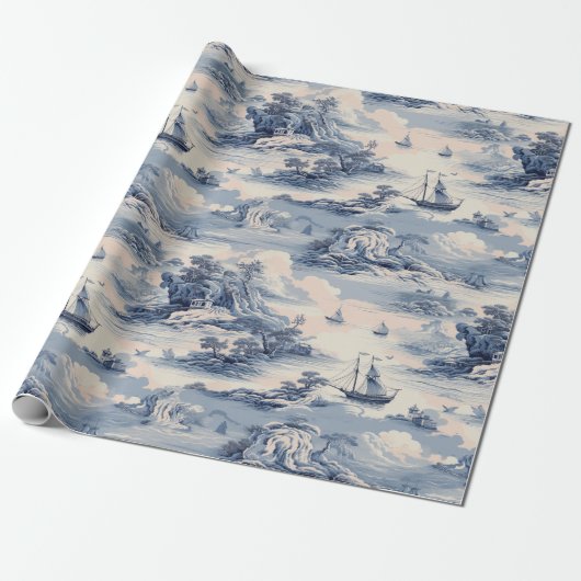 Modernes Blue Stom Ocean Toile de Jouy Pattern Geschenkpapier (Ungerollt)