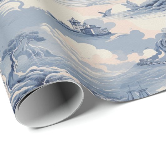 Modernes Blue Stom Ocean Toile de Jouy Pattern Geschenkpapier (Rolleneckpunkt)