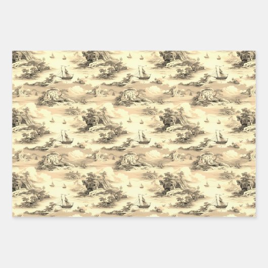 Modernes Blue Stom Ocean Toile de Jouy Pattern Geschenkpapier Set (Vorderseite 3)