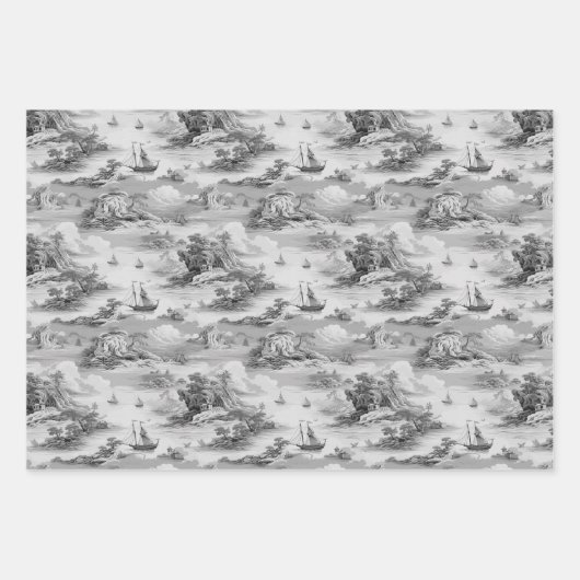 Modernes Blue Stom Ocean Toile de Jouy Pattern Geschenkpapier Set (Vorderseite 2)