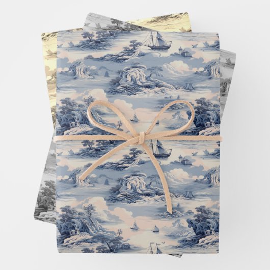 Modernes Blue Stom Ocean Toile de Jouy Pattern Geschenkpapier Set (Beispiel)