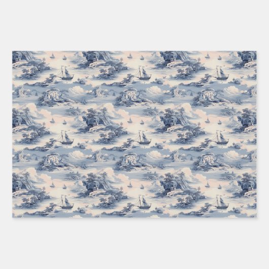 Modernes Blue Stom Ocean Toile de Jouy Pattern Geschenkpapier Set (Vorderseite)