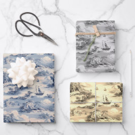 Modernes Blue Stom Ocean Toile de Jouy Pattern Geschenkpapier Set