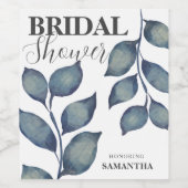 Modernes Blue Watercolor Foliage Brautparty Weinetikett (Einzelnes Label)