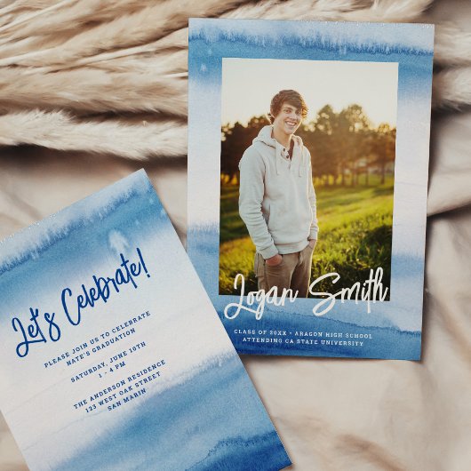 Modernes Blue Watercolor Script Abschluss Foto Ankündigung