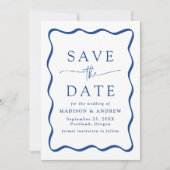 Modernes Blue Wavy Frame Foto Hochzeit Save The Date (Vorderseite)